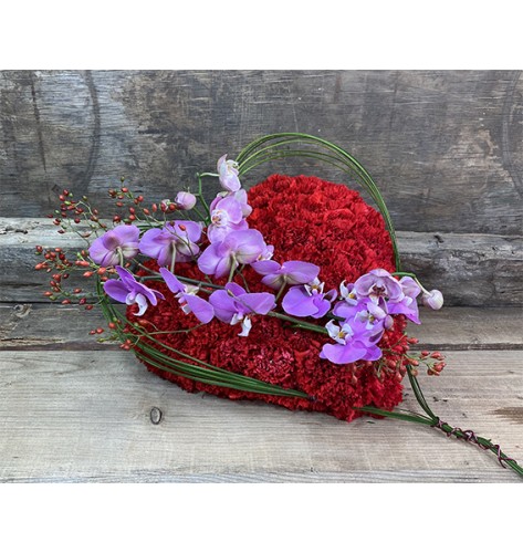 Composizione di fiori freschi a forma di cuore  realizzata con  garofani e orchidee phalaenopsis. Dimensioni: 32 x 34 cm.